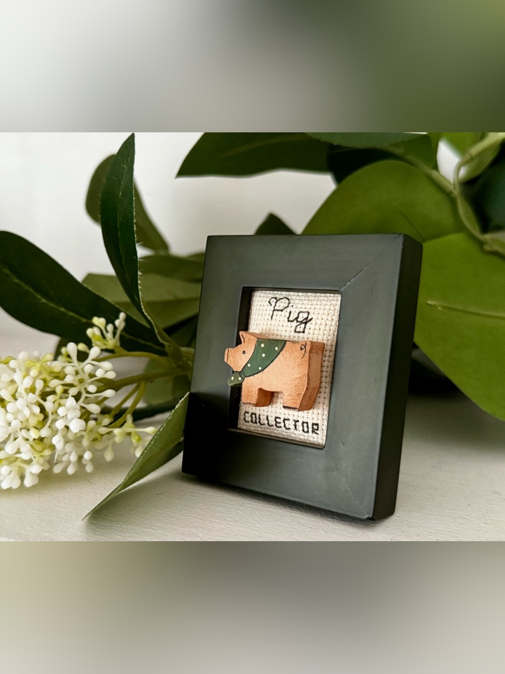 Vintage MINI Wood 3 X 2.5 X .5“ “Pig Collector” Cross Stitch Picture Frame Green